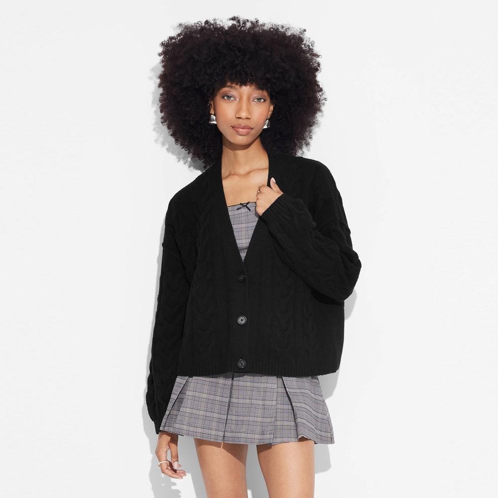 Womens Oversized Cable Sweater Cardigan - Wild Fable Black S: Recycled Polyester, V Neck, Balloon Sleeve, Button Down Product Image