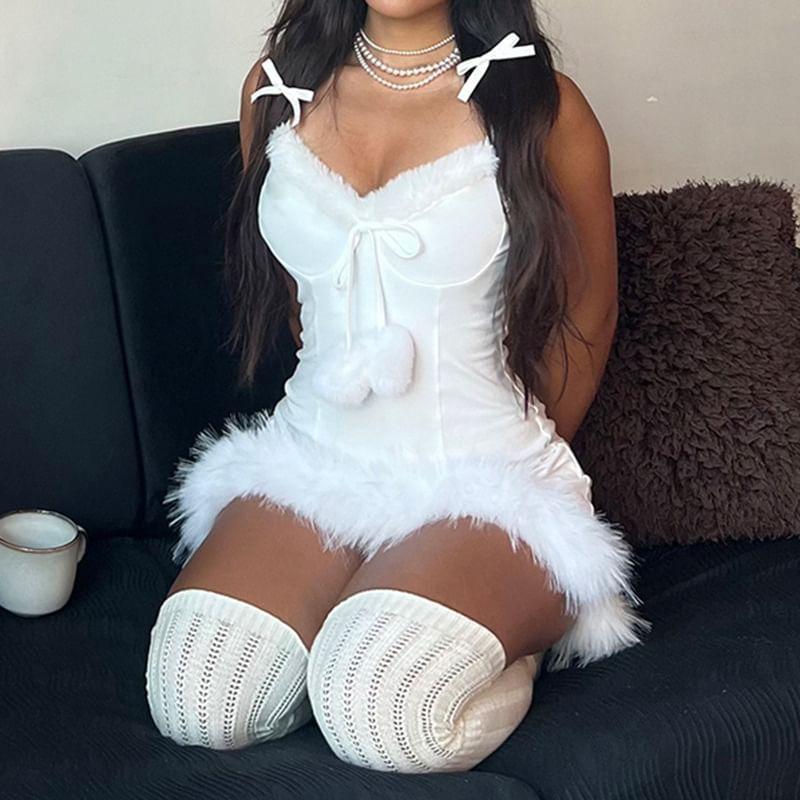 Spaghetti Strap Plain Fluffy Trim Bobble Mini Bodycon Dress Product Image