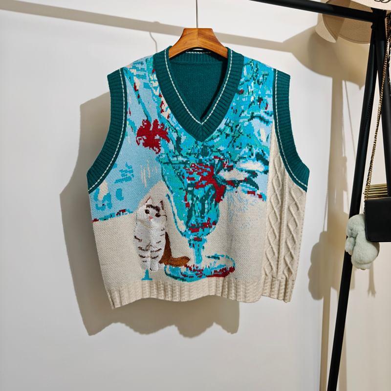 Sleeveless V-Neck Cat Flowers Cropped Sweater Vest Product Image