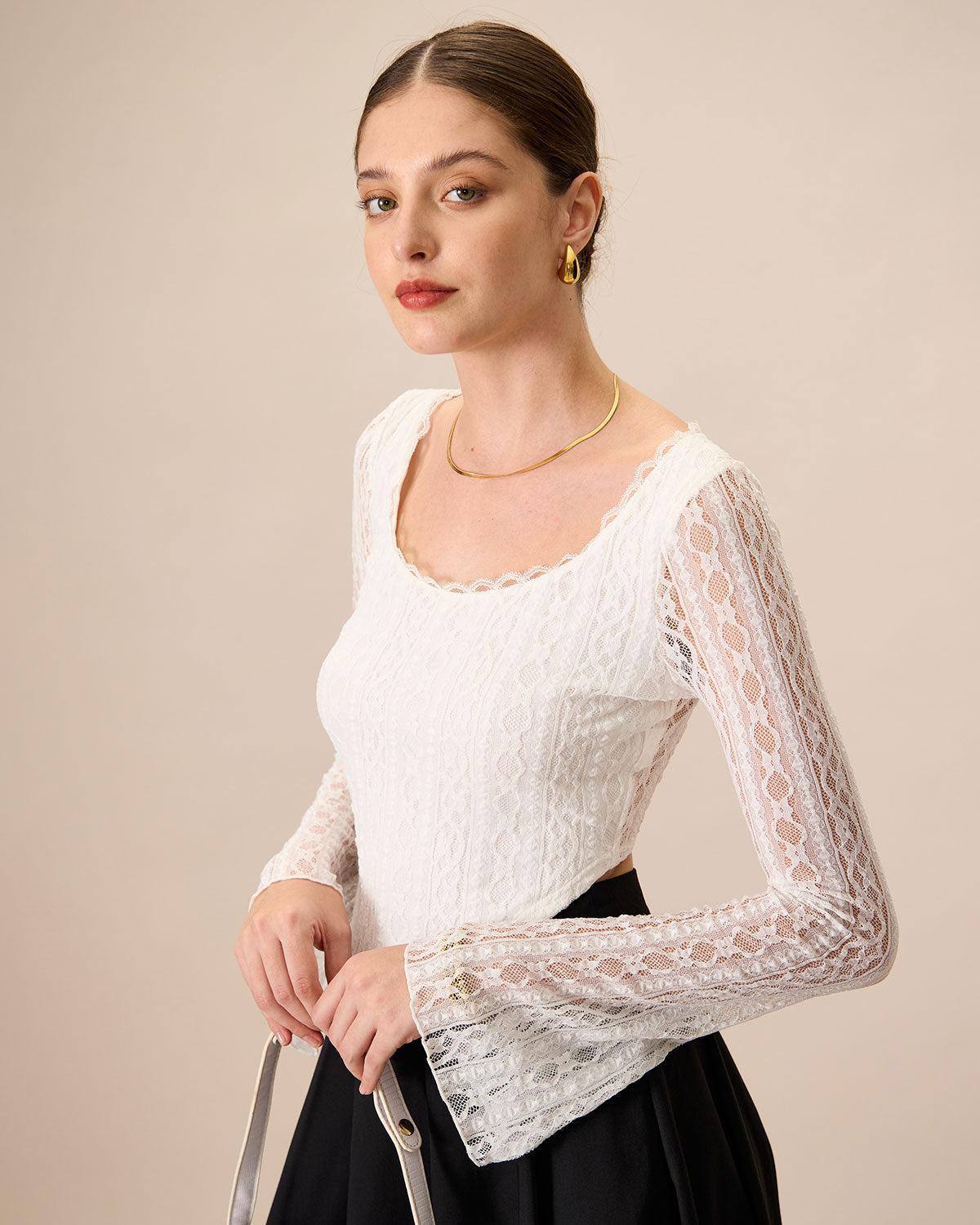 Women's White Lace See-Through Cropped Tee Female Product Image