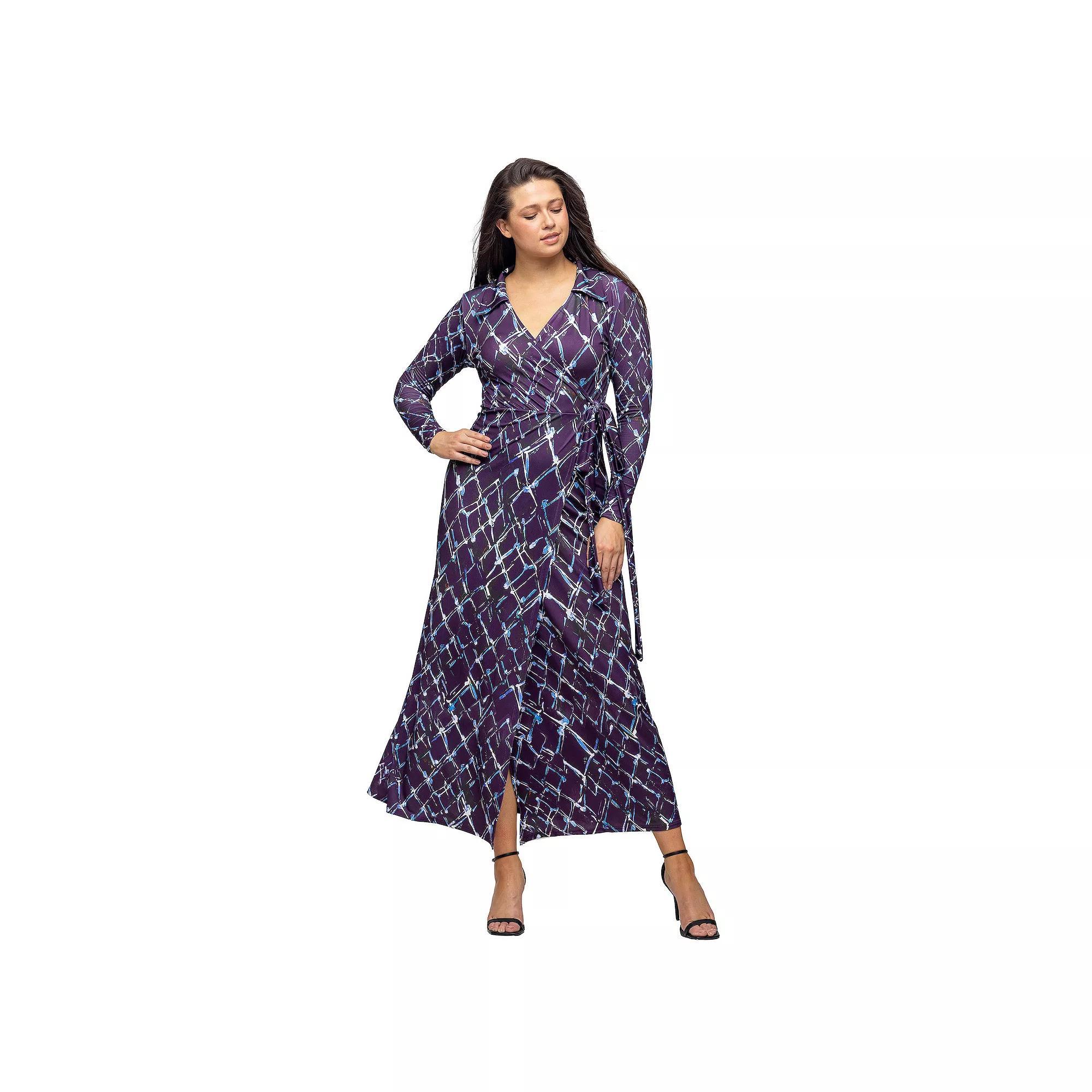 Women's 24Seven Comfort Apparel Print Collared Wrap Maxi Dress, Size: Medium, Purple Team Product Image