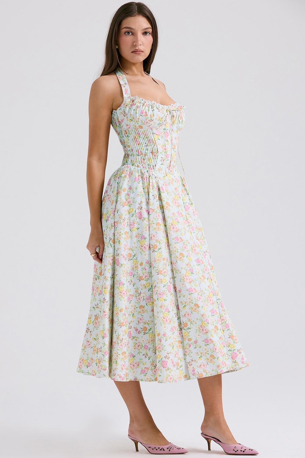 Adabella Pale Blue Meadow Print Cotton Halter Sundress Product Image