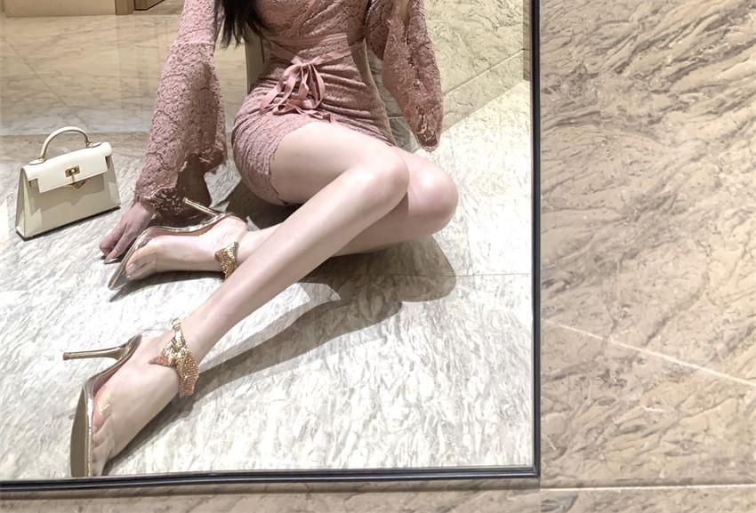 Long Sleeve V-Neck Plain Lace Bodycon Mini Dress Product Image