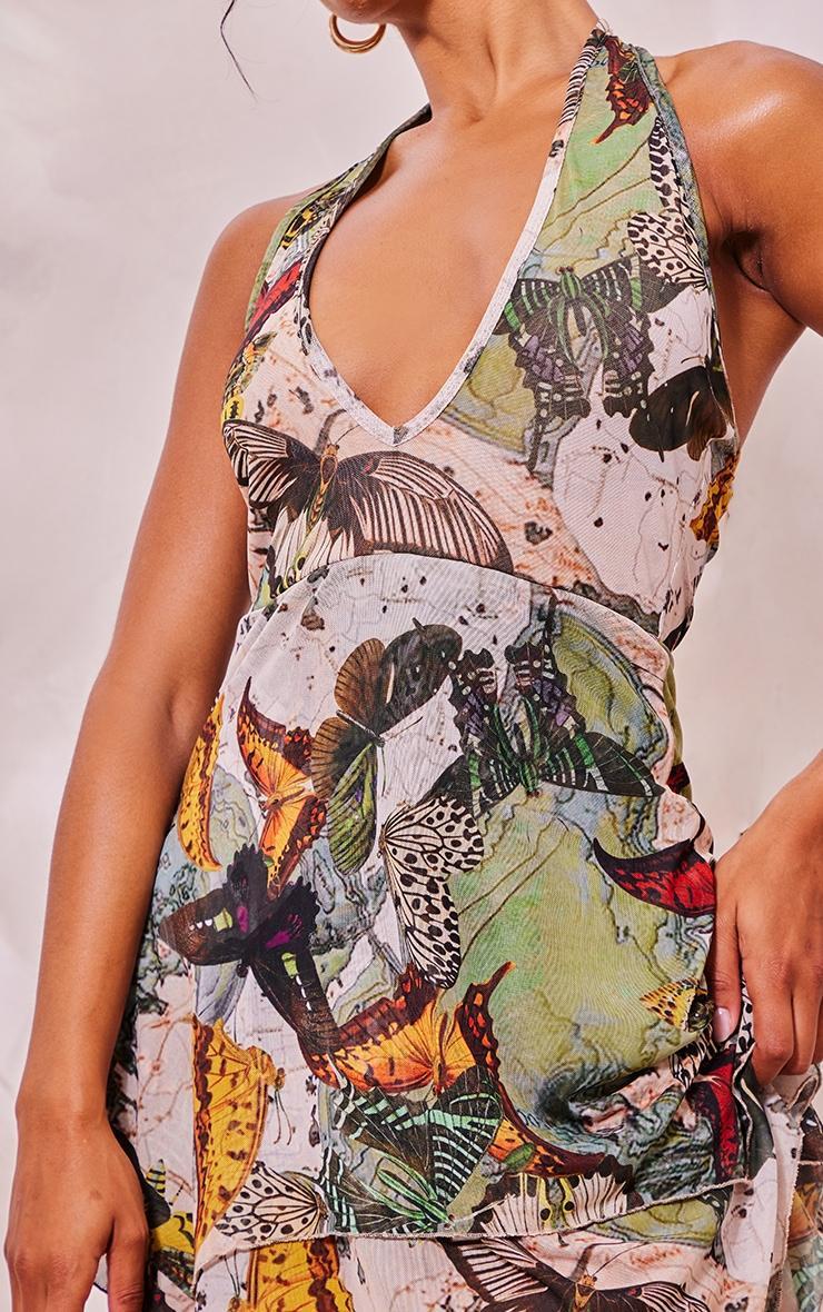 Khaki Butterfly Print Mesh Halterneck Tiered Shift Dress Product Image