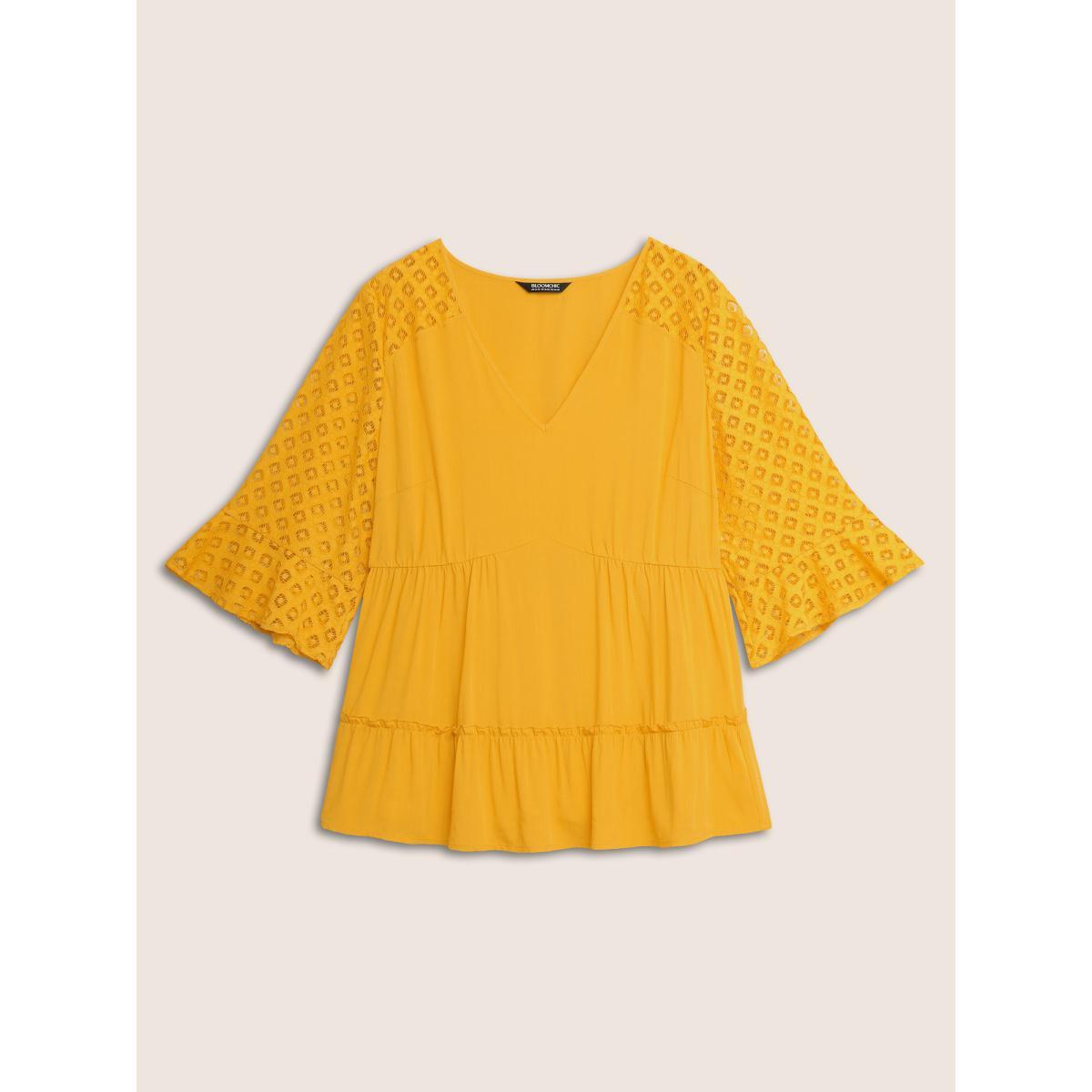 Plus Size Turmeric Solid Patchwork Ruffles Raglan Sleeve Blouse Women Resort Elbow-length sleeve V-neck Vacation Blouses BloomChic 12/L Product Image