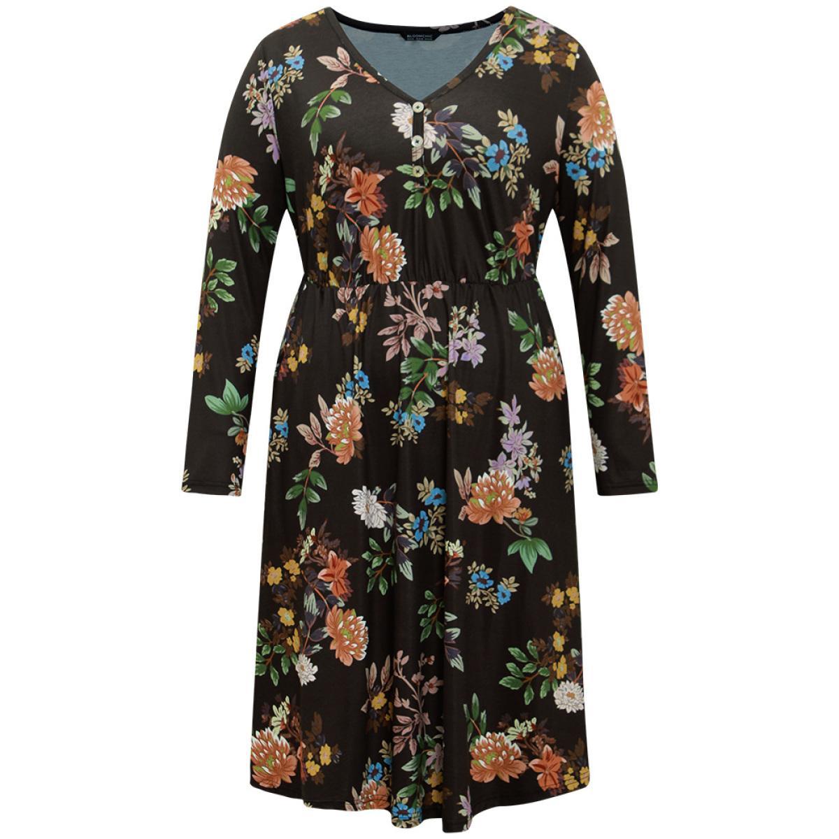 Plus Size Floral Print Button Detail Long Sleeve Midi Dress Black Women Elegant Printed V-neck Long Sleeve Curvy Midi Dress BloomChic 14-16/1X Product Image