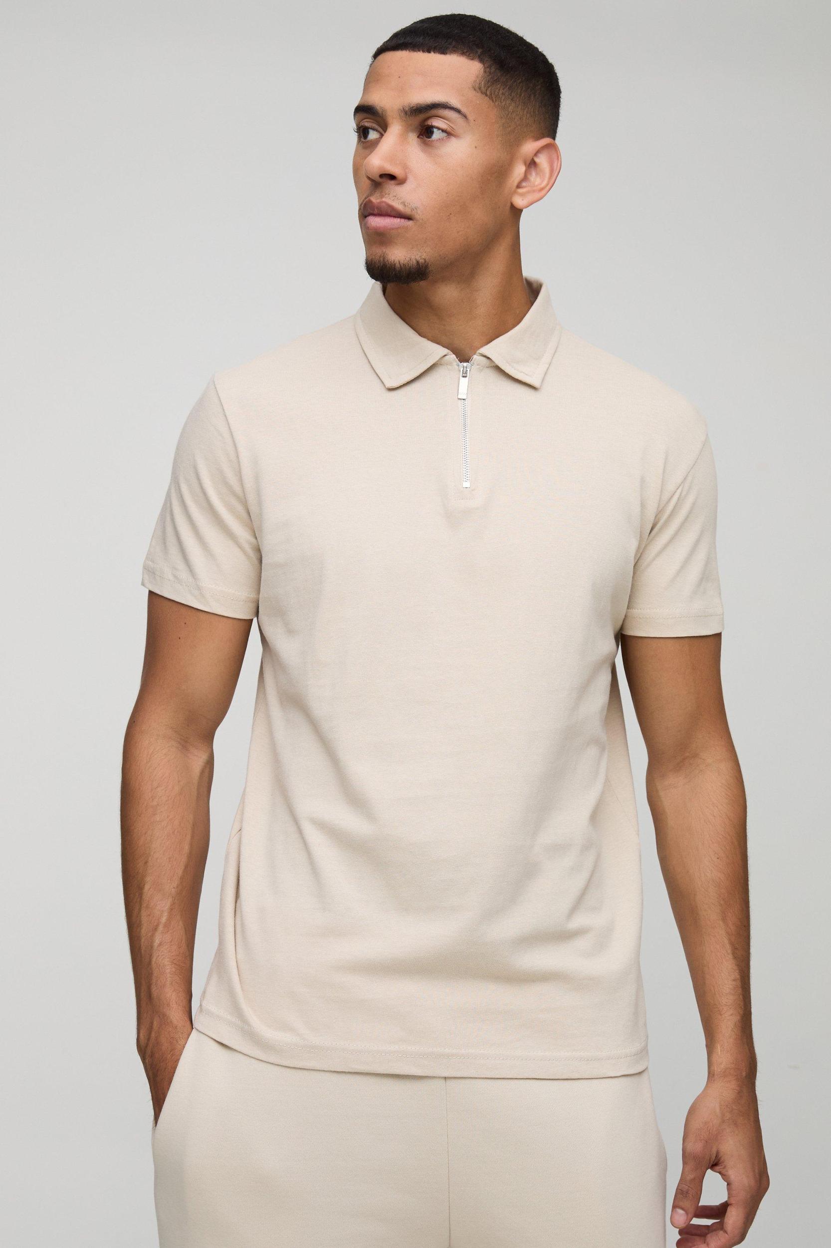 Mens Slim Zip Neck Polo - Beige Product Image