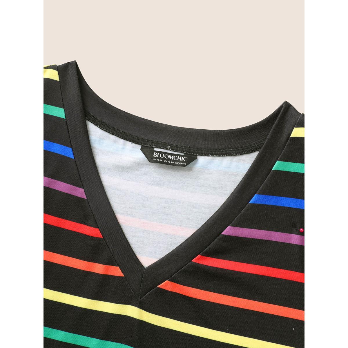 Plus Size V Neck Contrast Striped Stretched T-shirt Multicolor Women Casual Contrast V-neck Everyday T-shirts BloomChic 10/M Product Image