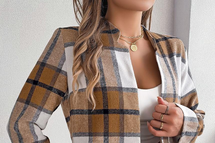 Stand Collar Plaid Open Front Jacket Product Image