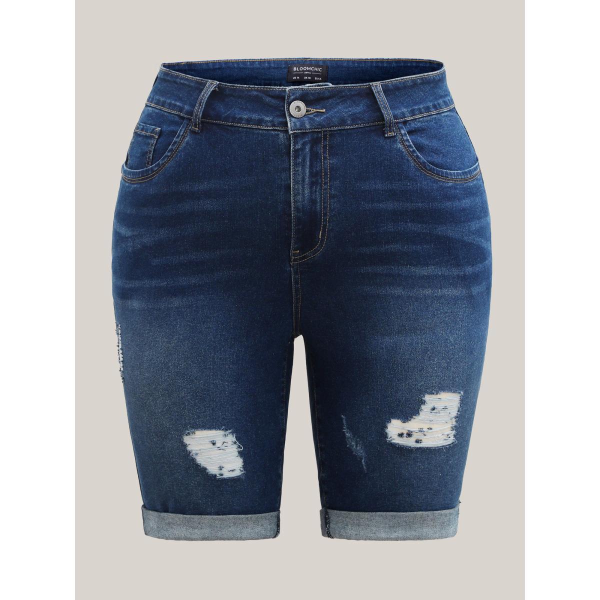 Plus Size Ripped Straight-Leg Denim Shorts Women Denimindigo High stretch Work Slanted pocket Workwear Essentials Denim Shorts BloomChic 28/5X Product Image
