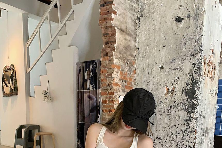 Scoop Neck Plain Tank Top / Long-Sleeve Collared Shirt / Drawstring Waist Striped Wide Leg Pants Product Image