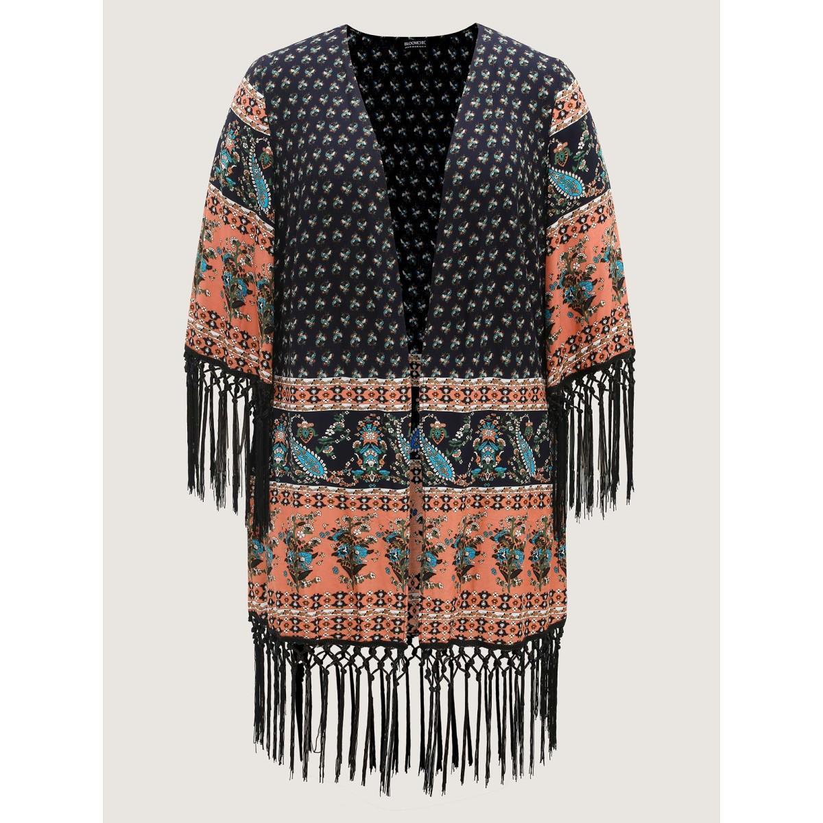 Plus Size Floral Boho Fringe Detail Kimono Women Indigo Tassels Vacation Kimonos BloomChic 30/6X Product Image
