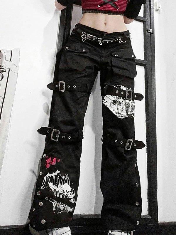 Buckle Strap Printed Cargo Jeans Product Image