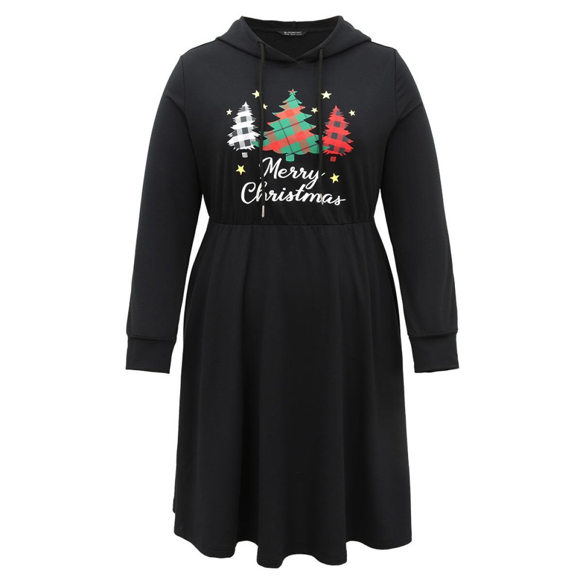 Plus Size Christmas Trees & Letter Hooded Drawstring Dress Black Women Casual Plain Curvy Midi Dress BloomChic 22-24/3X Product Image