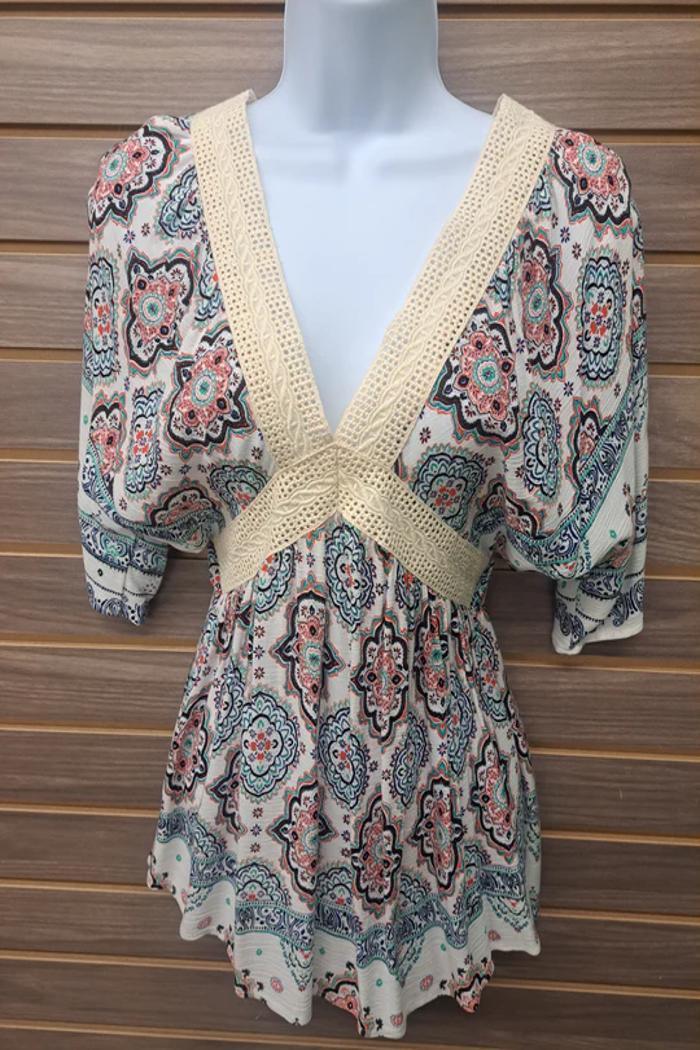 Open Back Linen Lace Paisley Ss Top Product Image
