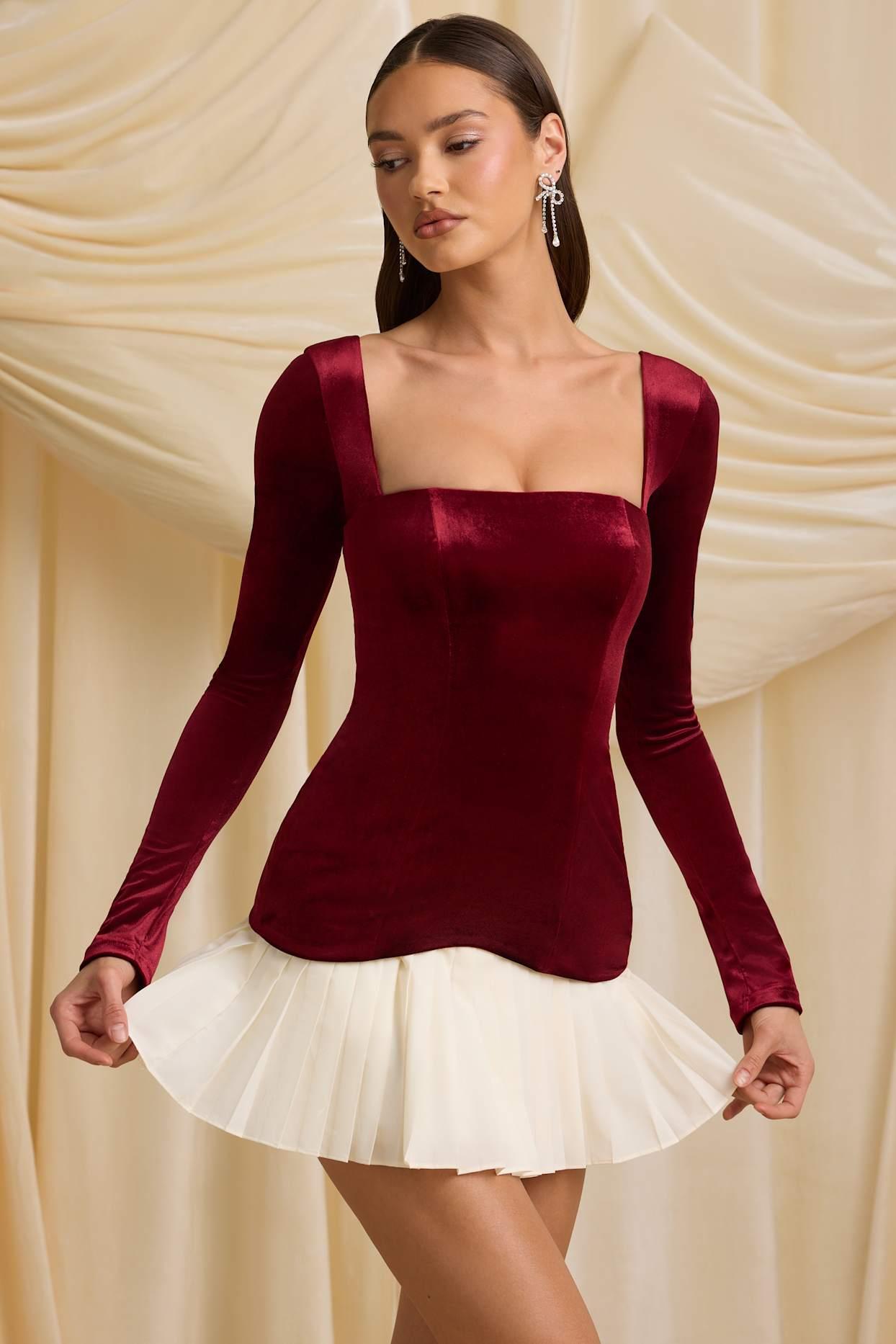 Layered Pleated Corset Mini Dress in Wine Red Product Image