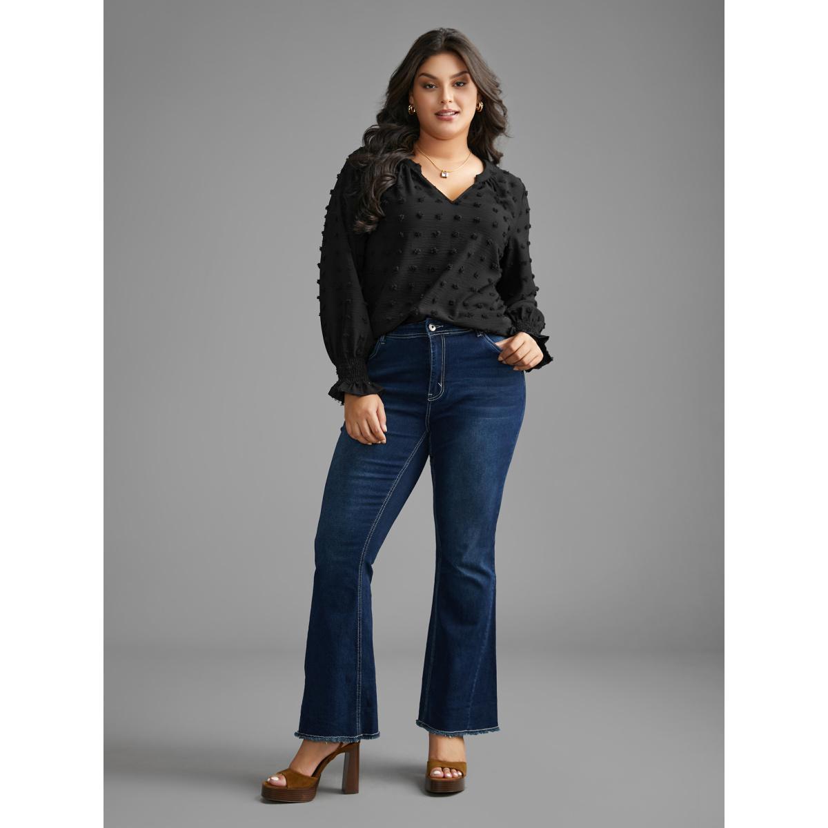 Plus Size Black Plain Textured Shirred Gathered Blouse Women Elegant Long Sleeve V-neck Everyday Blouses BloomChic 12/L Product Image
