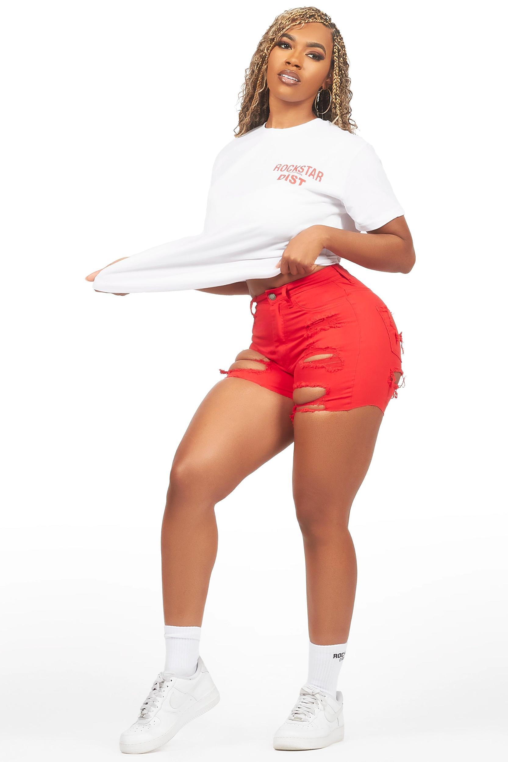 Jaquane White/Red Denim Short Set Female Product Image