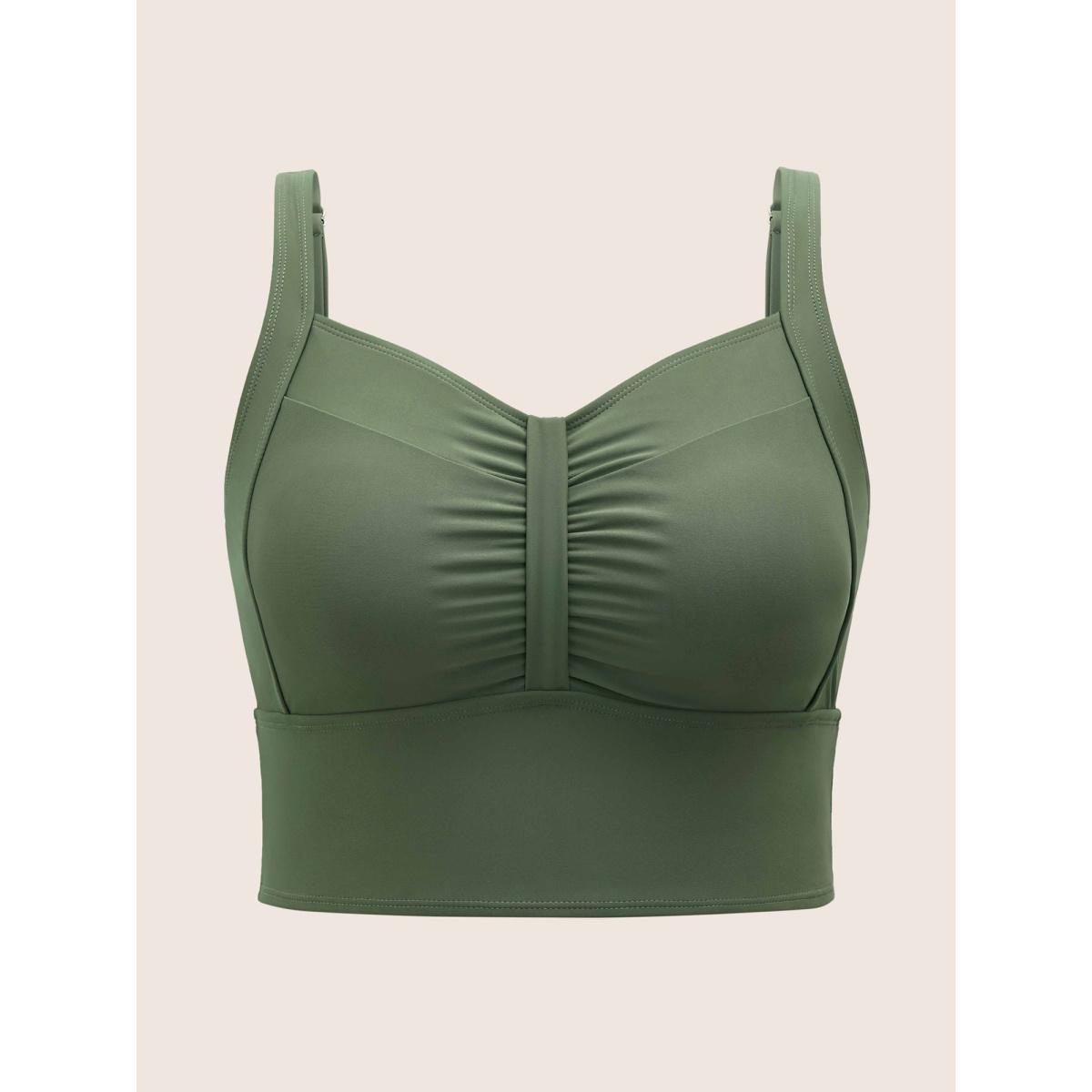 Plus Size Plain Patchwork Ruched Adjustable Straps Swim Top Women's Swimwear ArmyGreen Beach Non High stretch Skinny Heart neckline Curve Swim Tops BloomChic 10/M Product Image
