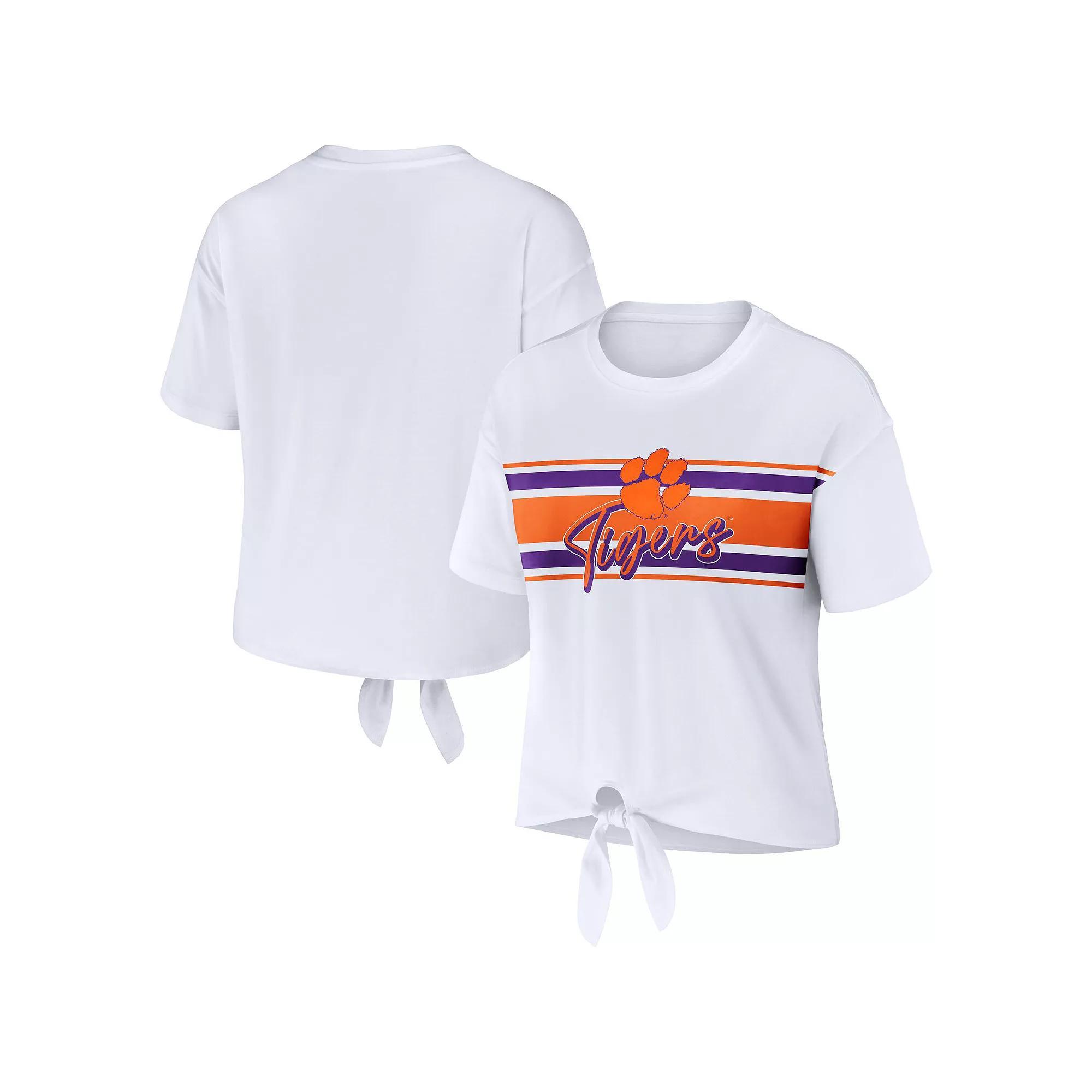 Women's WEAR by Erin Andrews White Clemson Tigers Striped Front Knot Cropped T-Shirt, Size: Medium Product Image