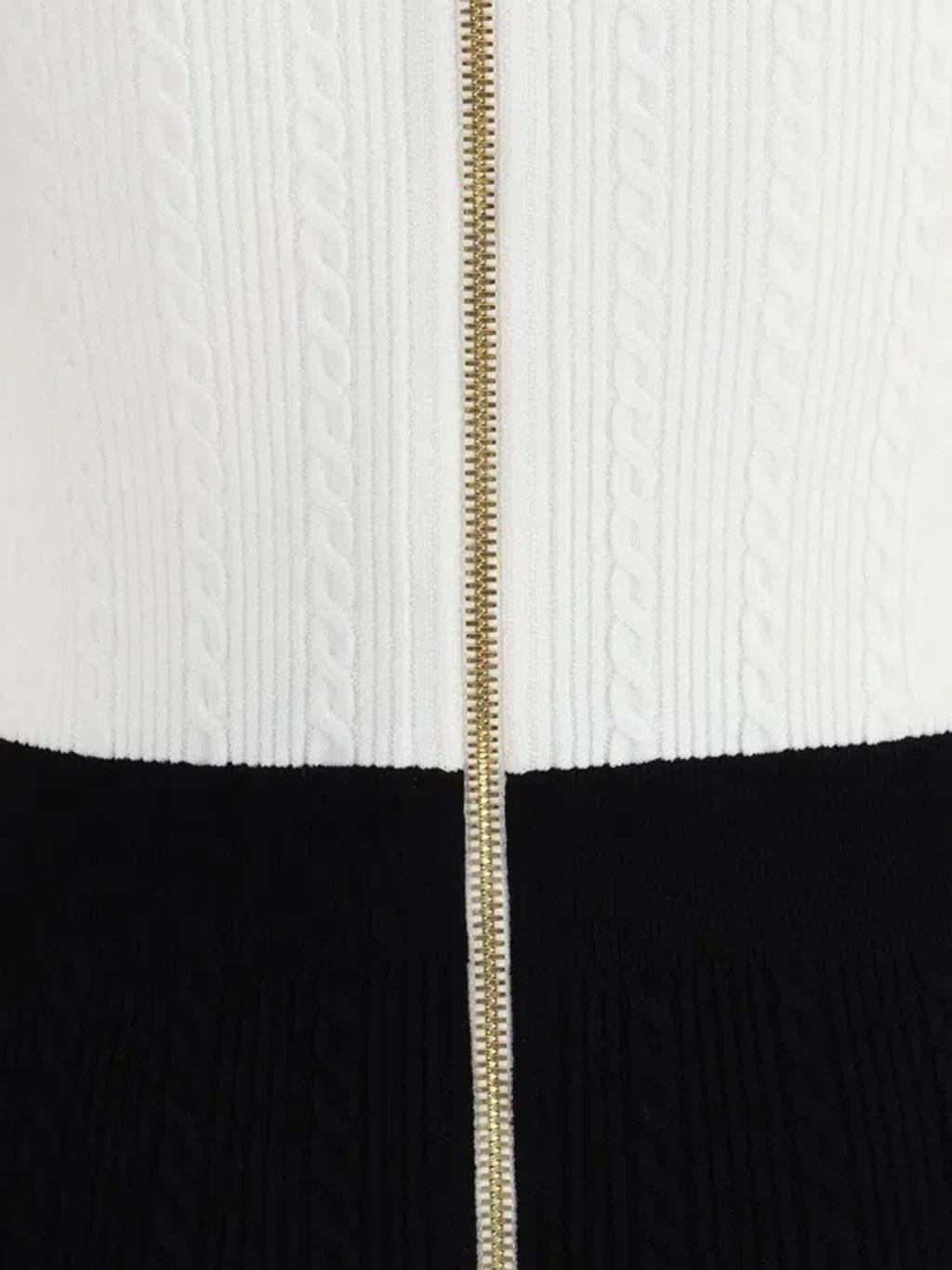 BALMAIN V-neck Buttoned Strong-shoulder Torsade Knit Mini Dress In White Product Image