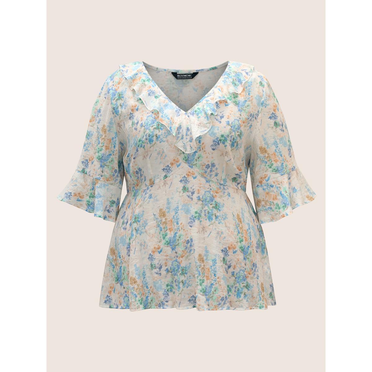 Plus Size LightBlue Floral Bell Sleeve Ruffle Trim Blouse Women Elegant Elbow-length sleeve V-neck Everyday Blouses BloomChic 18-20/2X Product Image