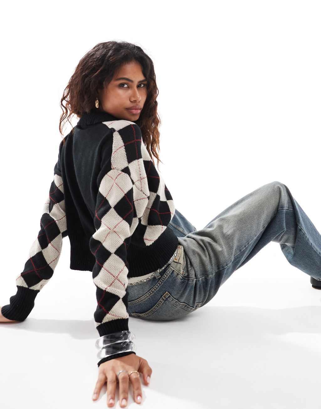 Daisy Street black and stone collared sweater with all over argyle pattern Product Image
