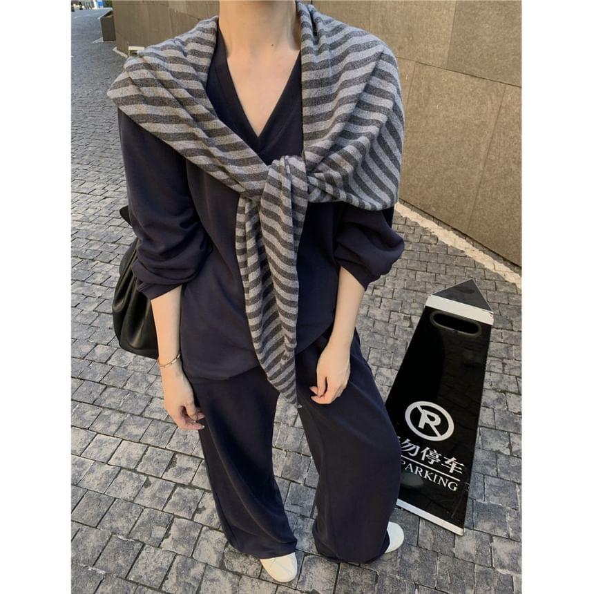 V-Neck Plain Sweatshirt / High Rise Wide Leg Sweatpants / Striped Shawl / Set Product Image