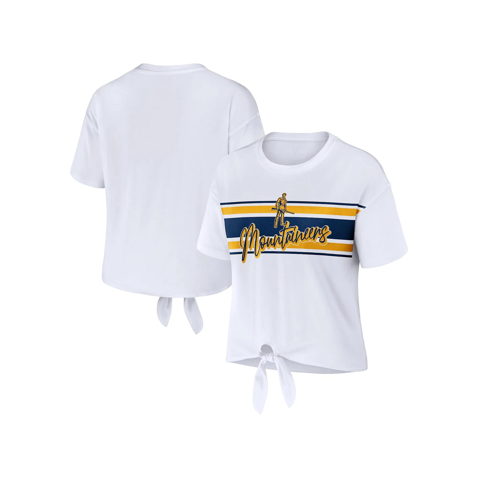Women's WEAR by Erin Andrews White West Virginia Mountaineers Striped Front Knot Cropped T-Shirt, Size: Large Product Image