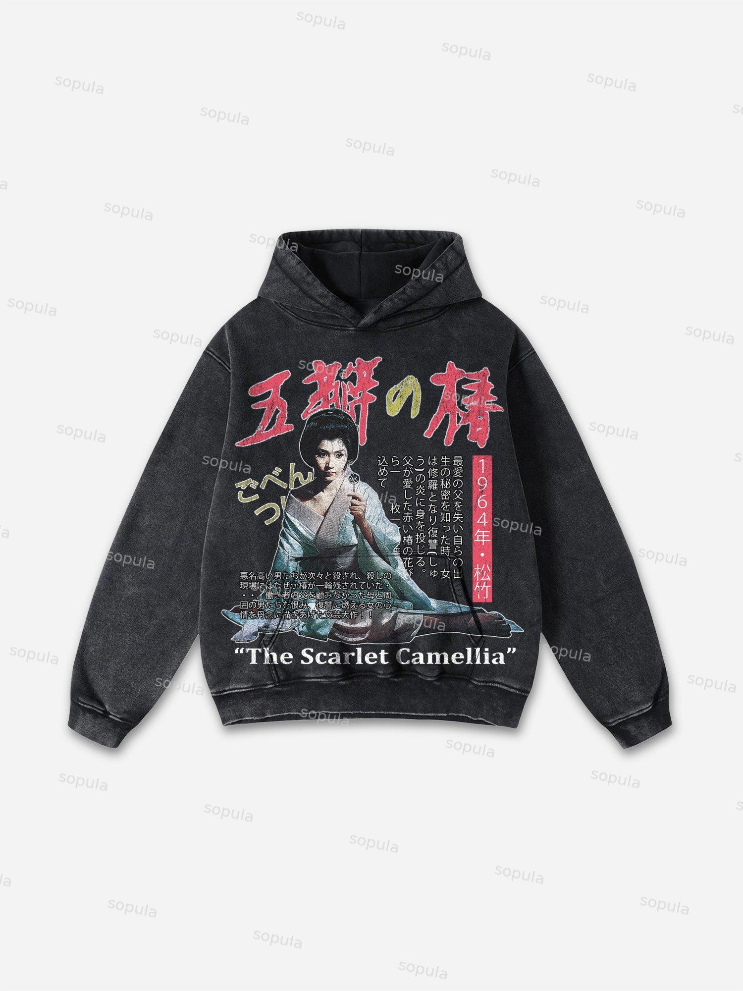 Sopula The Scarlet Camellia Vintage Graphics Washed Distressed Pocket Hoodie Product Image