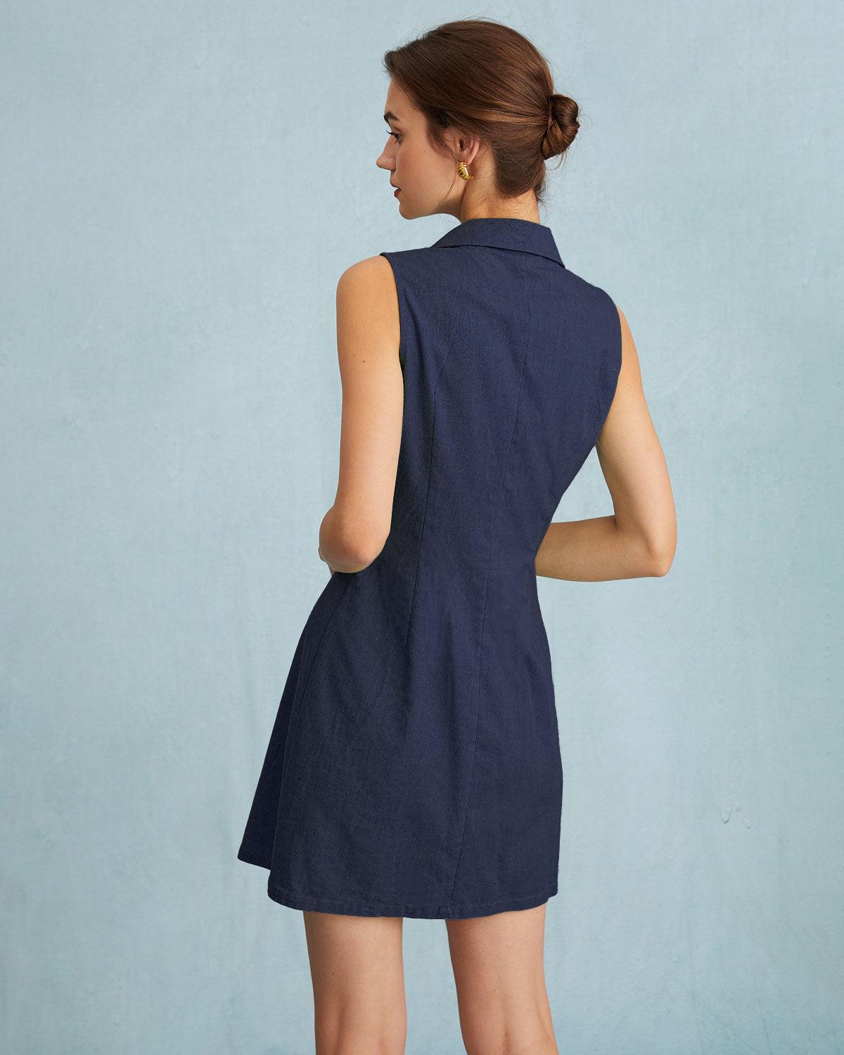 The Navy Lapel Button-up Sleeveless Mini Dress Product Image
