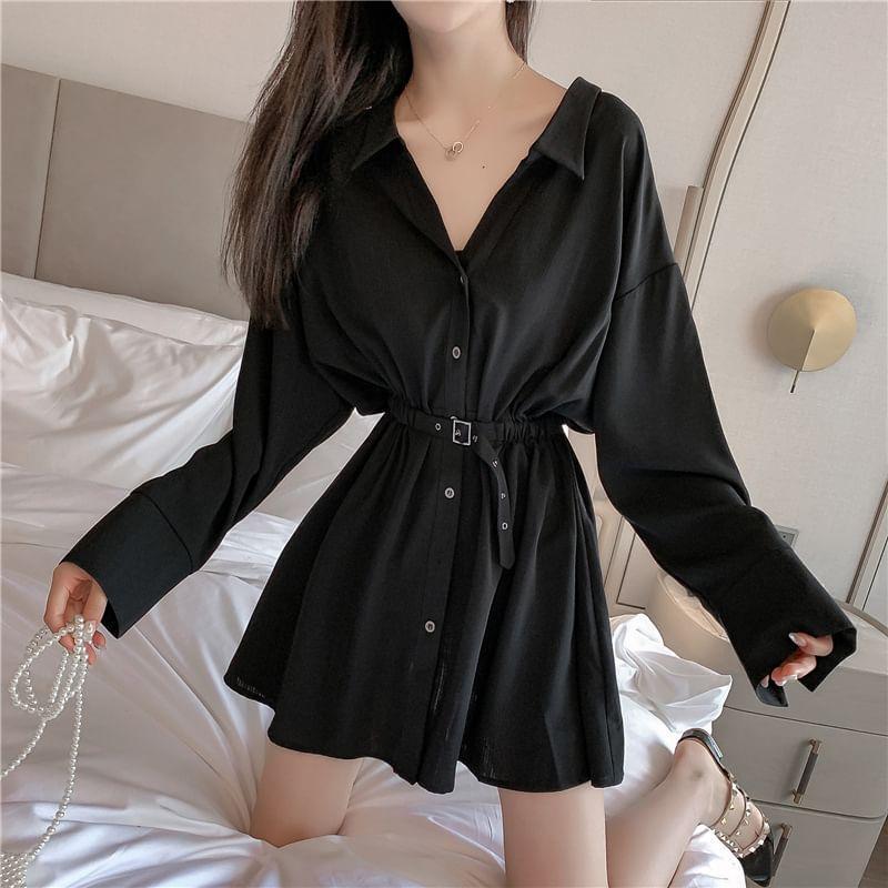 Long-Sleeve V-Neck Plain Mini A-Line Shirt Dress Product Image