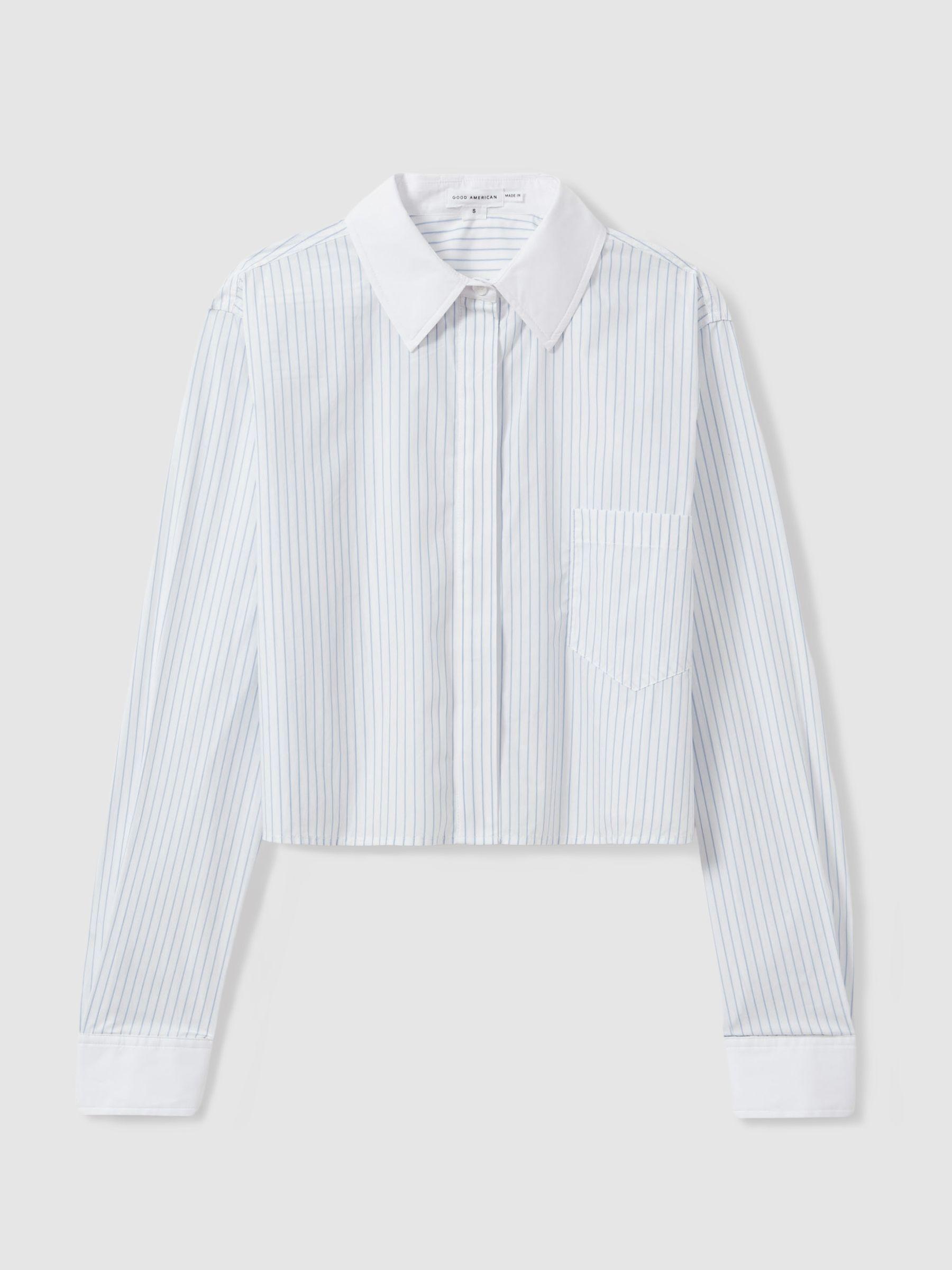 Good American Cotton Poplin Cropped Shirt in Blue Stripe Product Image
