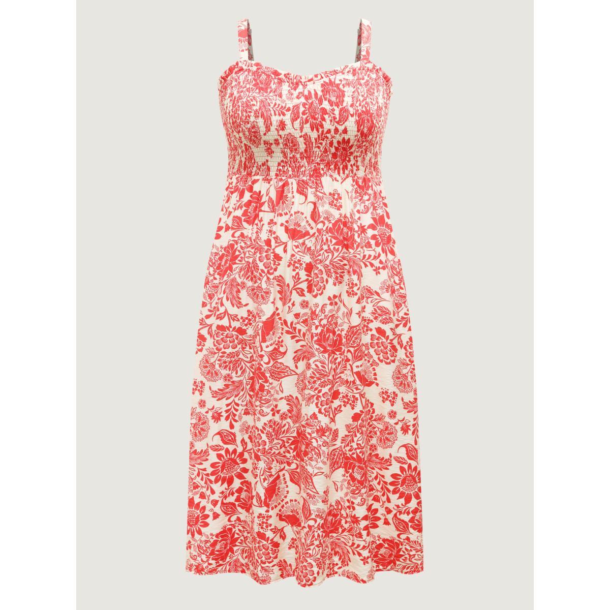 Plus Size Floral Shirred Ruffled Cami Midi Dress Crimson Women Heart neckline Sleeveless Curvy BloomChic 14-16/1X Product Image