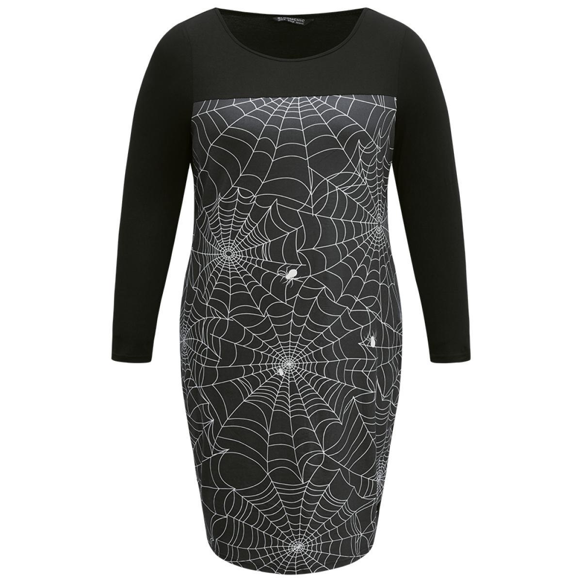 Plus Size Halloween Spider Web Patchwork Crew Neck Dress BlackFlower Women Office Contrast Round Neck Long Sleeve Curvy Midi Dress BloomChic 28/5X Product Image