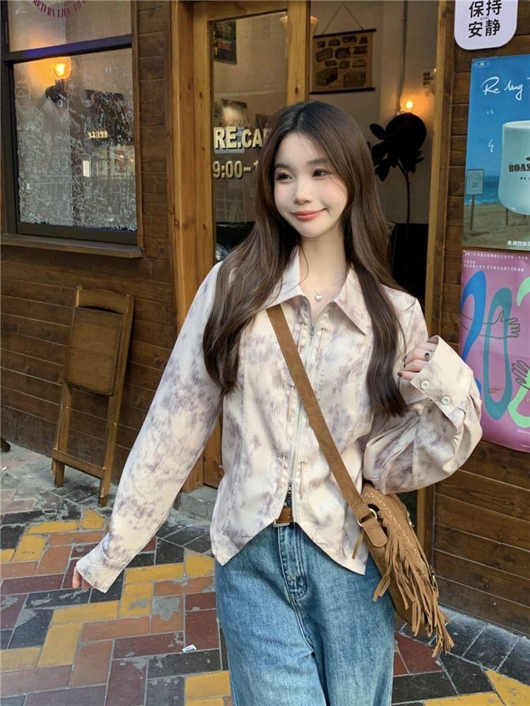 Long-Sleeve Collared Plain Zip Shirt Product Image