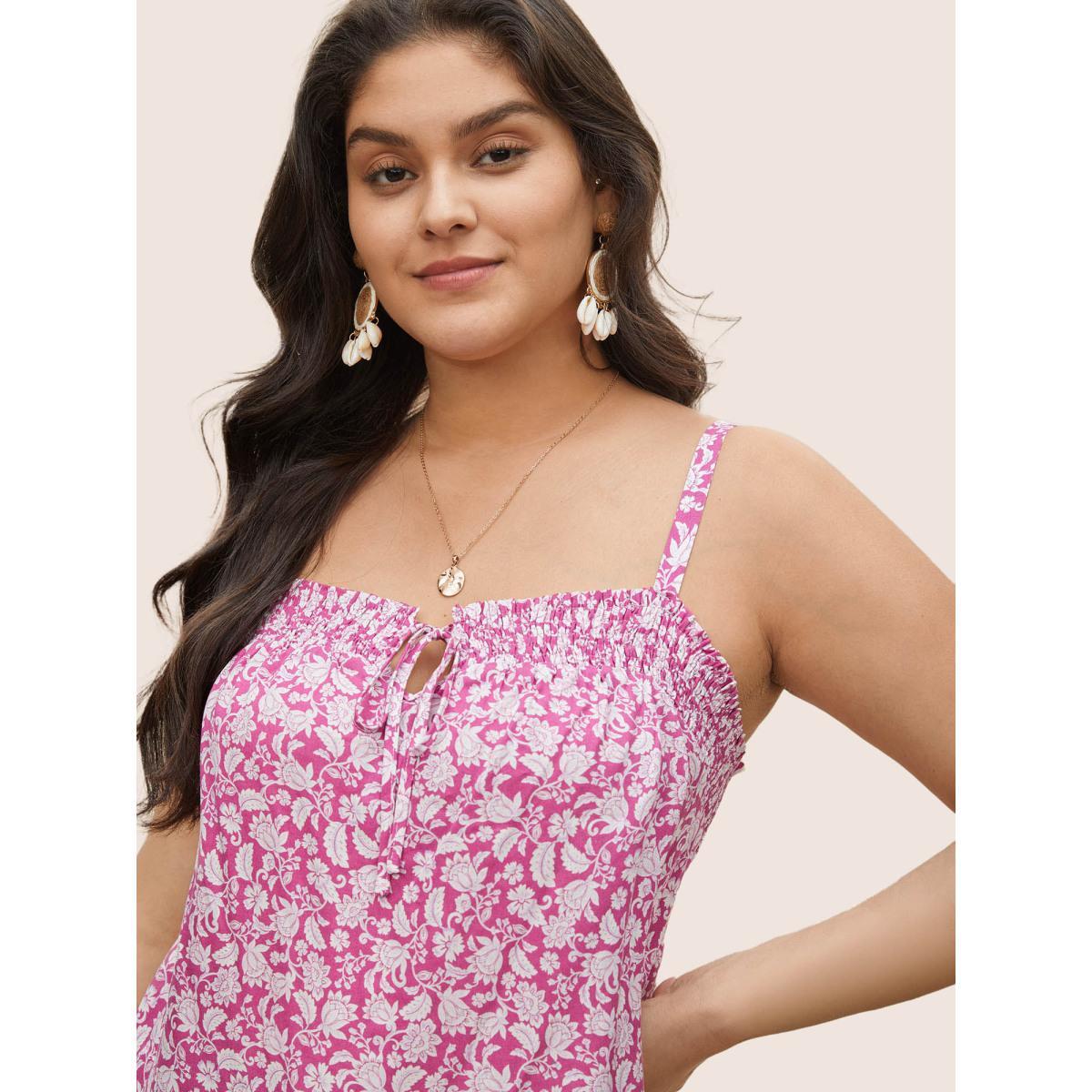 Plus Size Boho Print Shirred Ties Cami Top Women RedViolet Resort Tie knot Vacation Tank Tops Camis BloomChic 12/L Product Image