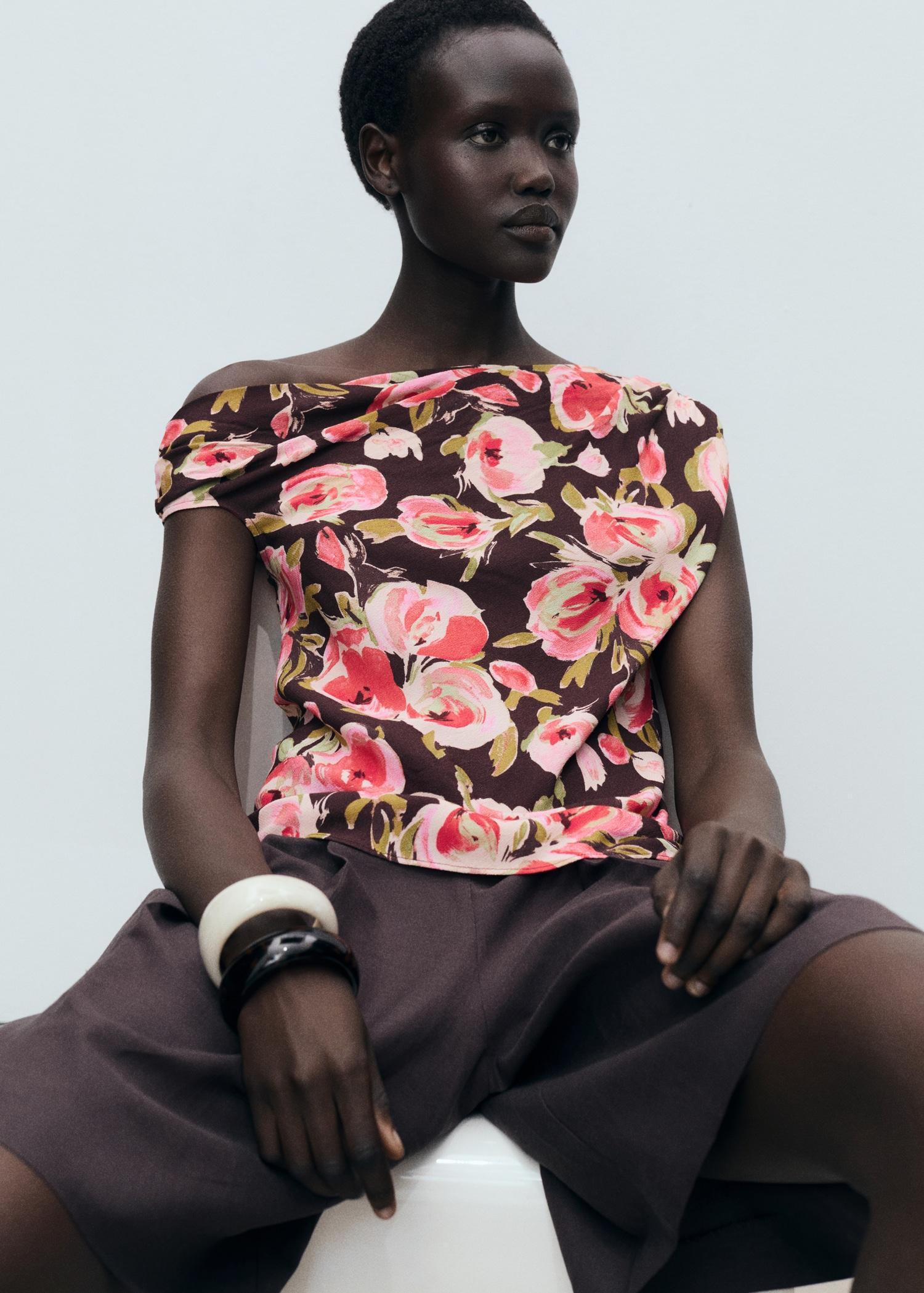 Floral blouse with asymmetrical neck - Women | MANGO USA Product Image