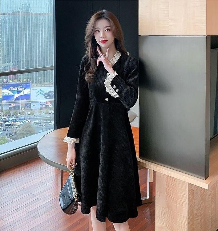 Long-Sleeve V-Neck Plain Lace Trim A-Line Dress Product Image