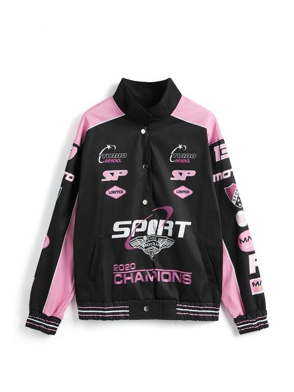 Retro Print Contrast Color Moto Jacket Product Image