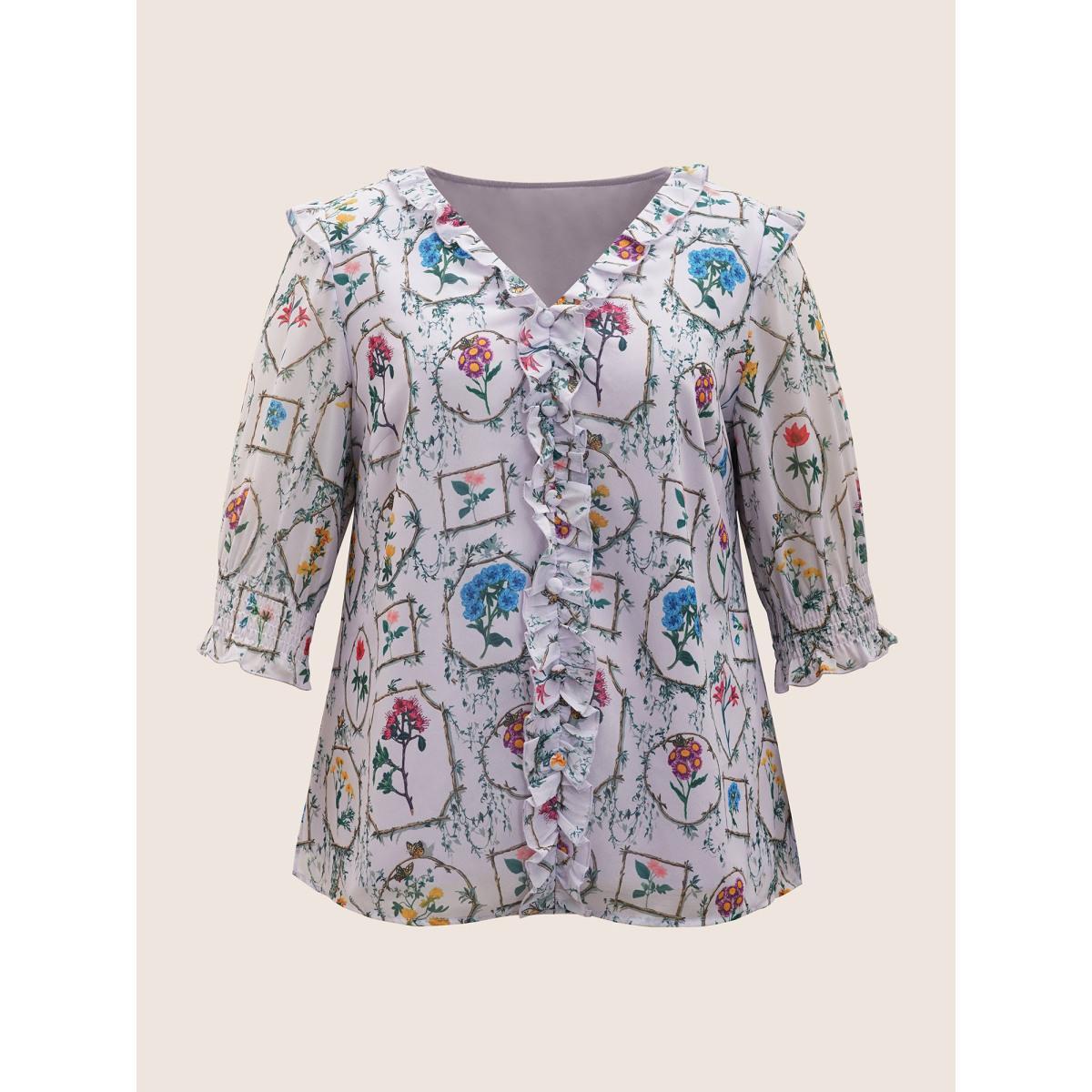 Plus Size Lavender Boho Print Lantern Sleeve Ruffle Trim Blouse Women Elegant Elbow-length sleeve V-neck Everyday Blouses BloomChic 14-16/1X Product Image