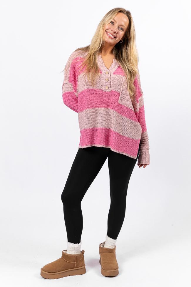 Know You Best Pink Oversized Striped Henley Sweater SALE Product Image
