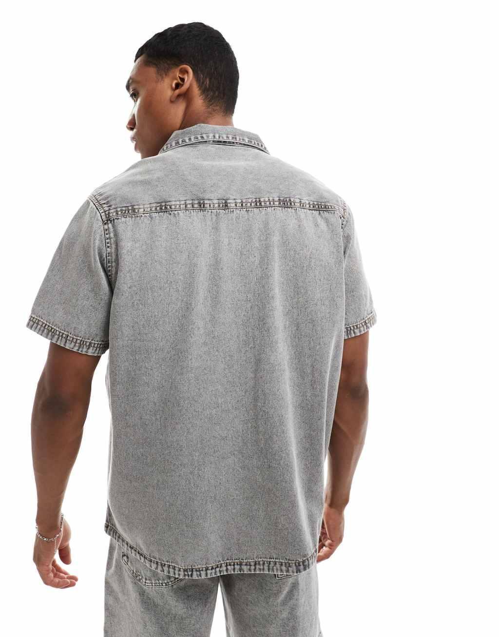 ASOS DESIGN relaxed revere washed denim shirt in gray Product Image