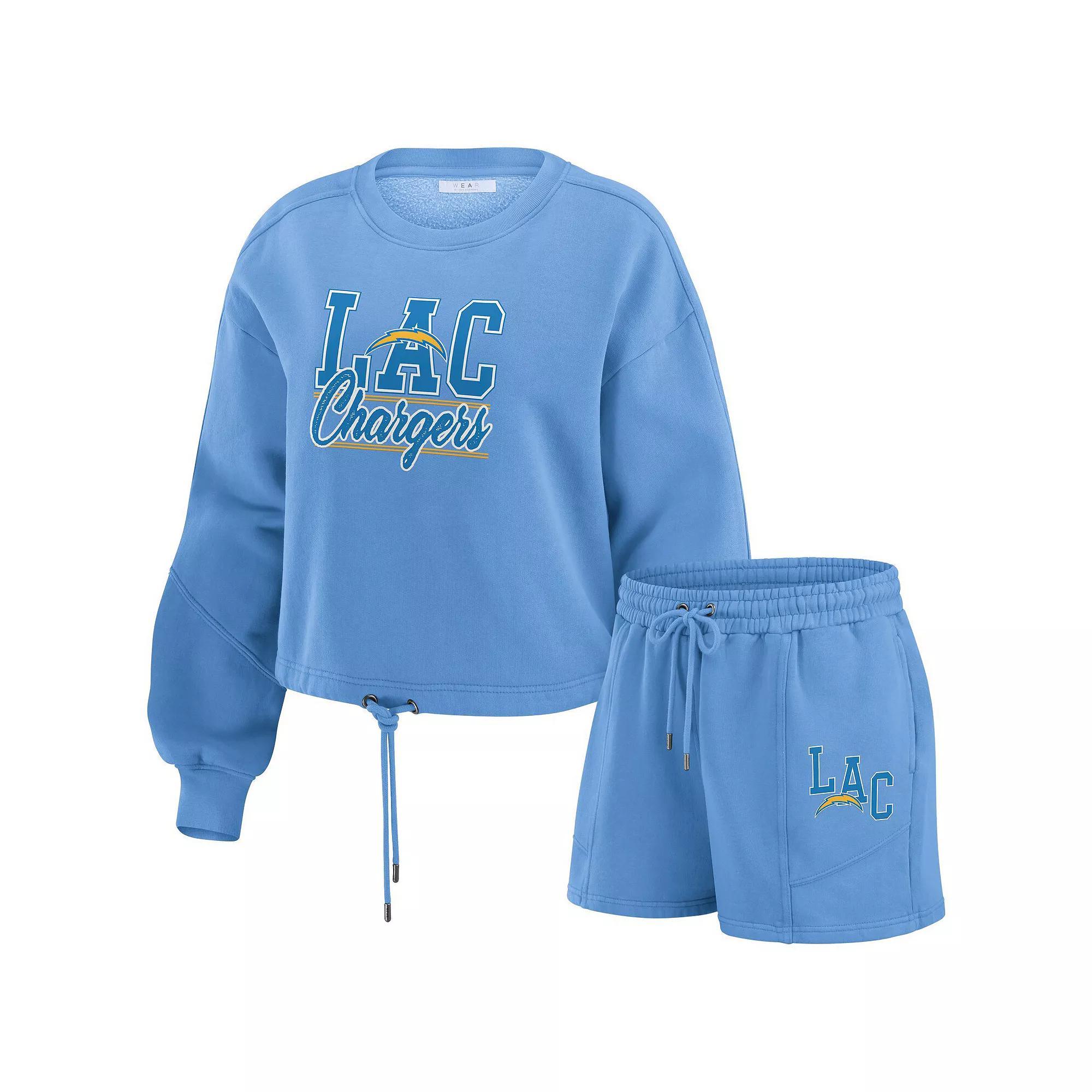 Women's WEAR by Erin Andrews Royal New York Giants Washed Fleece Long Sleeve T-Shirt & Shorts Lounge Set, Size: XL, Blue Product Image