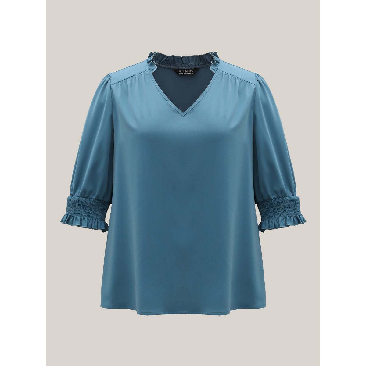 Plus Size Cerulean Shirred Sleeve Collared Plain Blouse Women At the Office Elbow-length sleeve V-neck Work Blouses BloomChic 28/5X Product Image