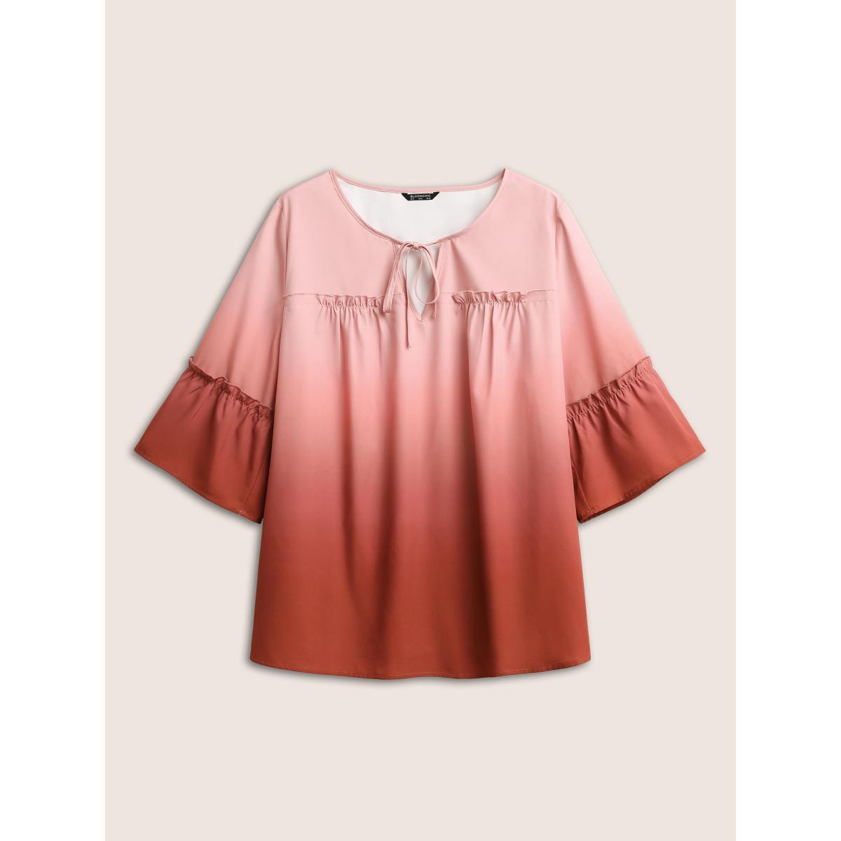 Plus Size Scarlet Ombre Tie Neck Gathered Ruffle Sleeve Blouse Women Resort Elbow-length sleeve Notched collar Vacation Blouses BloomChic 26/4X Product Image