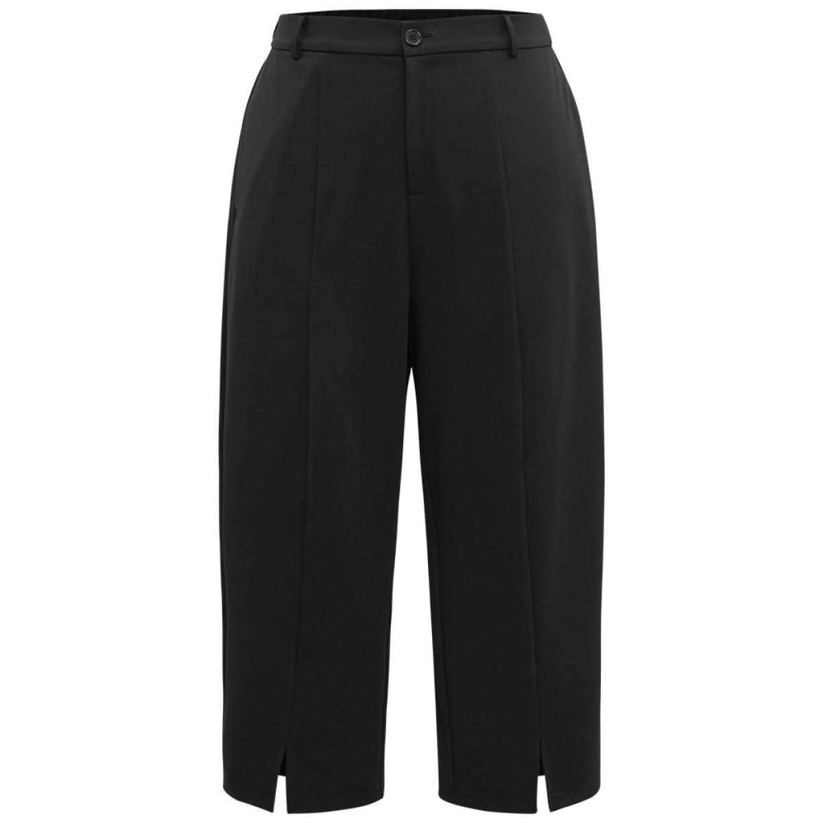 Plus Size Plain Split Front Pleated Pants Women Black At the Office Straight Leg High Rise Work Pants BloomChic 18-20/2X Product Image