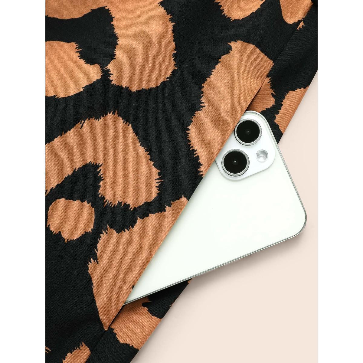 Plus Size Leopard Print Notched Button Detail Dress Bronze Women Elegant Belted Flat collar with V-notch Short sleeve Curvy BloomChic 30/6X Product Image