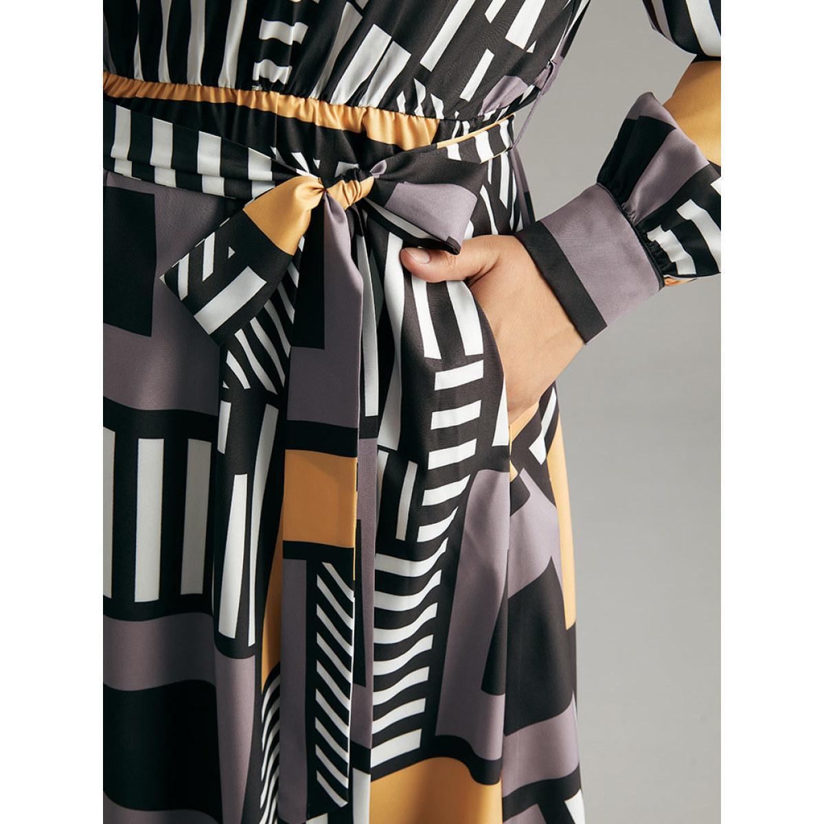 Plus Size Colorblock Geometric Notched Elastic Waist Arc Hem Dress Multicolor Women Office Printed Notched collar Long Sleeve Curvy Midi Dress BloomChic 30/6X Product Image
