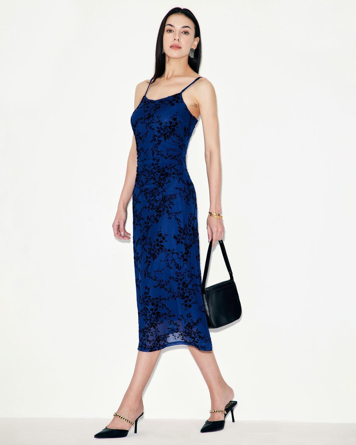 Blue Floral Mesh Slip Midi Dress Product Image